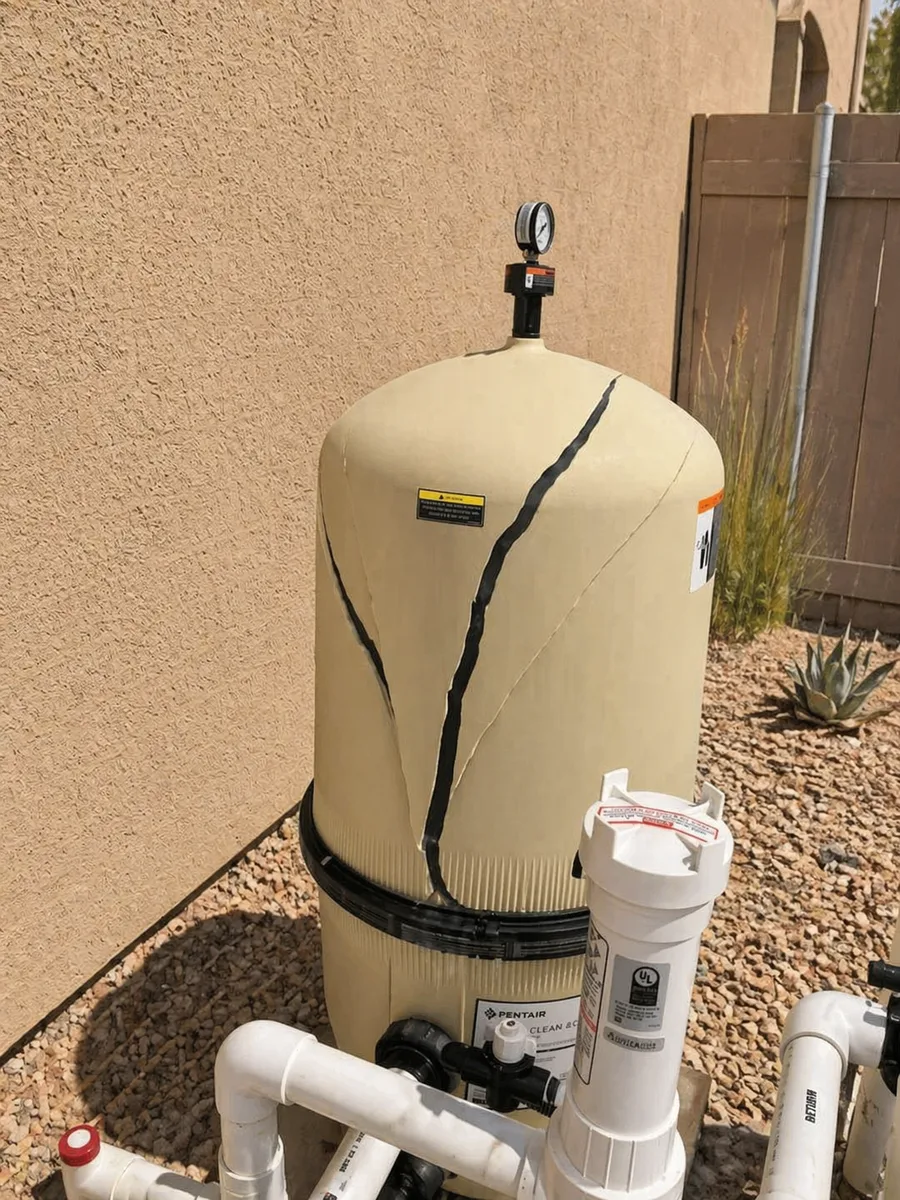Cracked pool filter tank discovered during a pre-sale inspection
